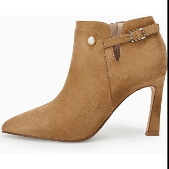 Coutgo Pointed Toe Pearl  Buckle Stiletto Faux Suede Booties Rust Tan Size 8.5 - Picture 1 of 11